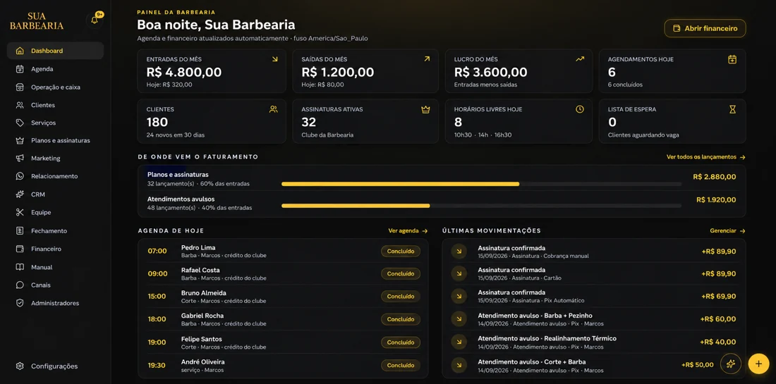 Prévia demonstrativa do BarberOS no computador, modelo Premium